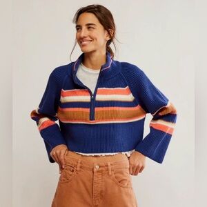 NWT Free People Striped Greta Half Zip ~Indigo Pura~